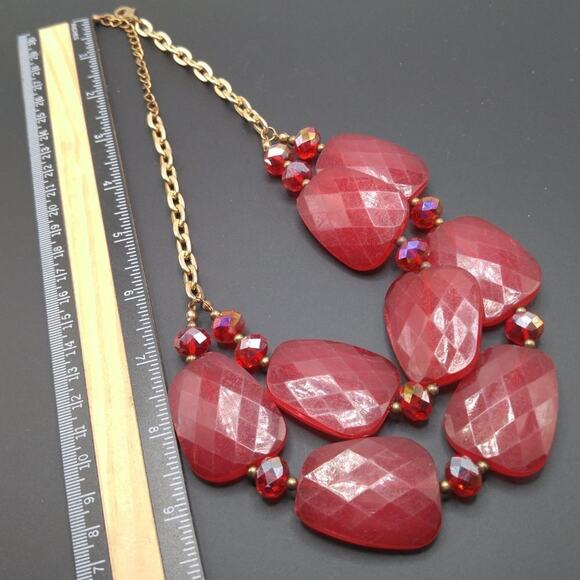 Red Large Bead Red Crystal Statement Necklace, Two Strands, 19 Inches - Picture 8 of 9
